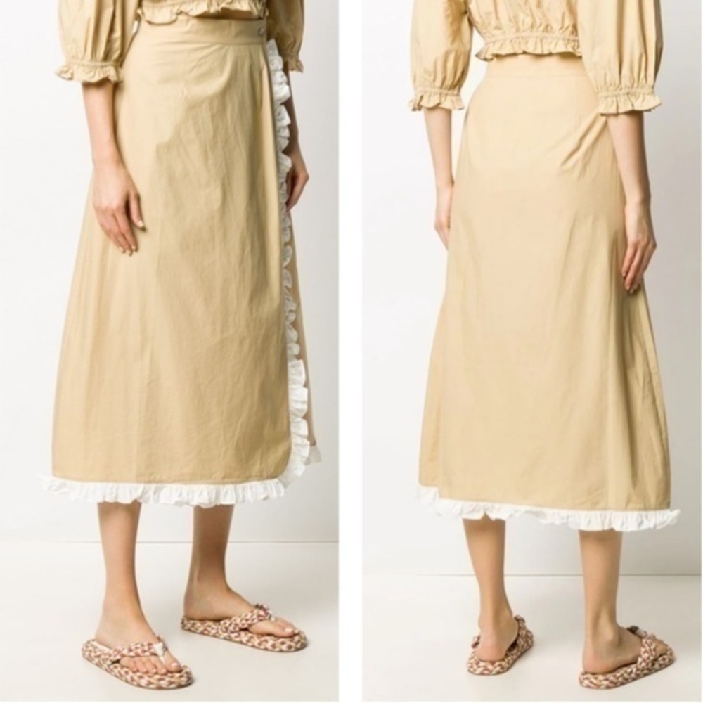 Marysia Wrap Skirt‎ Beige Poplin Cotton White Ruffle Trim MIDI